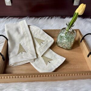 Ivory Holiday Embroidered & Hemstitched Napkins – Gold Christmas Tree Stitching
